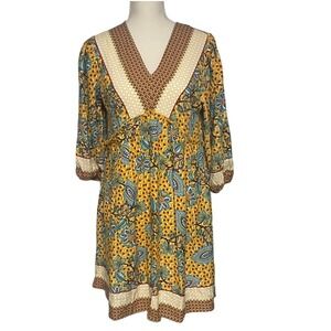 BTFBM  Boho Yellow Balloon Sleeve Floral V-Neck Dress Women's Small
